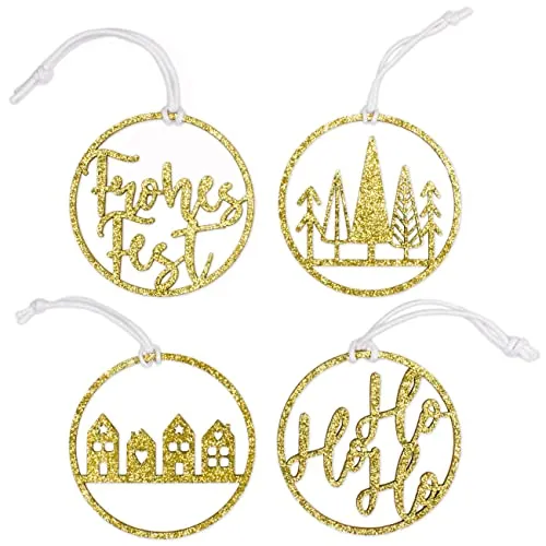 Papierdrachen Weihnachtsbaumschmuck aus Holz - 12 runde Anhänger, Gold-Glitzer - 4 Designs - stilvolle Weihnachtsdekoration für Baum & Geschenke