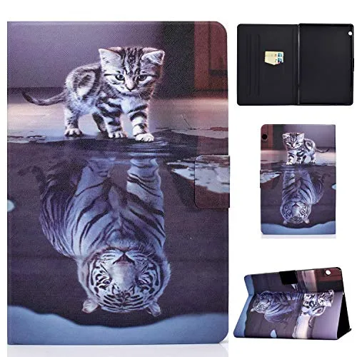 Succtop Huawei Mediapad T5 10 Hülle Flip Brieftasche Tasche Magnetschnalle Multifunktions Tablett Schutzhülle Stand Funktion für Huawei Mediapad T5 10 10,1 Zoll 2018 Katze und Tiger