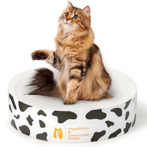 Happy&Polly Kratzpappe für Katzen - Runde 2 in 1 Doppelseitig Verwendbar Kratzmatte Katze Spielzeug Kratzmöbel Wellpappe Recycelbar Kratzpad aus Qualitäts-Pappe, Halten Sie Katzen Spaß Gesund - Weiß