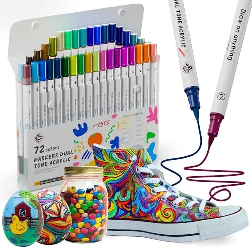 ZENO Acrylstifte 72 Farben – 36 Dual-Color Marker mit Pinselspitze, Acryl Marker Set für Steine, Holz, Glas, Papier, Stoff – Acrylfarbe Marker für Malen, Basteln, Zeichnen, Kreativ Projekte