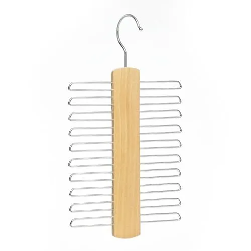 Krawattenaufhänger aus Holz, Kleiderschrank, Krawattenorganizer – stilvolles Hängeregal mit 20 Chromstangen mit drehbarem Haken für Krawatte, Gürtel, Schal, Krawattenhalter aus Buchenholz (Holz)