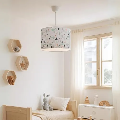 lux.pro Kinderzimmer Lampe Rugby Deckenleuchte E27 LED-geeignet Hängelampe mit Stoffschirm Bäume-Motiv 70 cm hoch höhenverstellbar Weiß