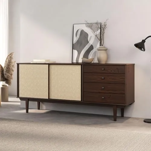 IDIMEX Sideboard SIMONA - Rattan Kommode mit Schiebetüren - Sideboard SIMONA: Modernes Mid-Century-Design aus massivem Kiefernholz und Rattan-Geflecht. Bietet 4 Schubladen und 2 Schiebetüren für optimalen Stauraum in jedem Raum.