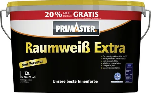 Primaster Raumweiß Extra Wandfarbe 12 L - Konservierungsmittelfrei - Aus unserer Werbung: Hochwertige, konservierungsmittelfreie Wandfarbe in strahlendem Weiß, ideal für ein gesundes Raumklima.