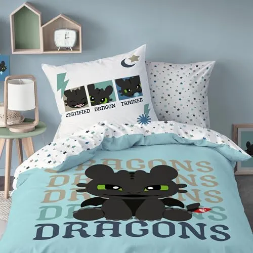 MTOnlinehandel Dragons Bettwäsche Set – Ohnezahn Kinderbettwäsche 135x200 + 80x80 - Bettwaren-Set für Kinder in 100% Baumwolle mit Wendemotiv: coole Ohnezahn-Designs und Sternenmuster, ideal für einen komfortablen Schlaf.