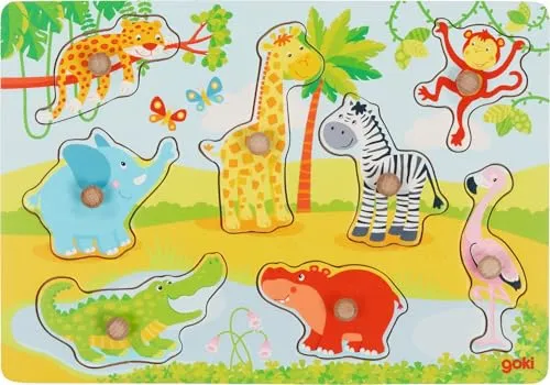 goki 57397 - Steckpuzzle Afrikanische Tierkinder aus Holz, 8 Teile für spielerisches Lernen und Förderung von Geduld und Konzentration