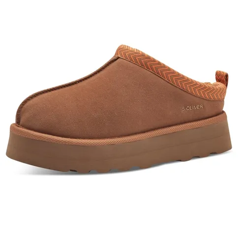 s.Oliver Pantoffel Plattform 5-27104-43 cognacbraun - Hausschuhe für Damen aus hochwertigem Leder, mit flexibler Gummisohle für optimalen Halt und Komfort auf harten Böden.