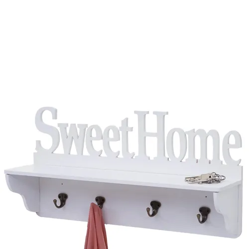 Wandgarderobe MCW-D41 Sweet Home – Massivholz mit 4 Haken - Stilvolle Wandgarderobe aus Kiefernholz, mit 4 individuell anbringbaren Haken und praktischer Ablagefläche. Ideal für den Eingangsbereich und vielseitig einsetzbar.