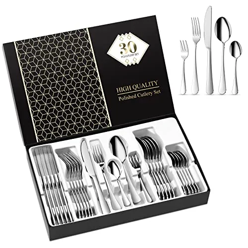 Aoeeppa Besteck Set 6 Personen, 30 teilig Edelstahl Spiegelpolierte Essbesteck mit Esslöffel, Essgabel, Essmesser, Kuchengabel ​Löffel, Besteckset für Haus Küche Restaurant, Spülmaschinenfest(Silber)
