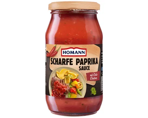 Homann Scharfe Paprika Sauce - Fertigsauce mit Chili-Chutney, ideal für scharfe Liebhaber und perfekt zum Verfeinern von Gerichten. Genießen Sie den intensiven Geschmack und die praktische Anwendung!