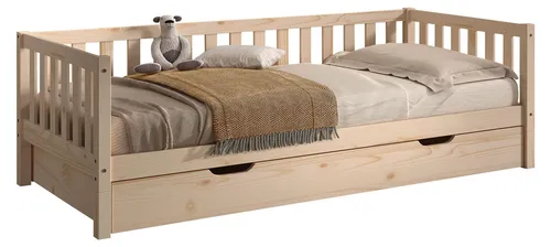 Tagesbett Kapua 90x200 mit Bettschublade aus Kiefer - Modernes Tagesbett aus massiver Kiefer mit 90x200 cm Liegefläche. Inklusive praktischer Bettschublade für zusätzlichen Stauraum. Ideal als Gäste- oder Kinderbett, stabil und langlebig.