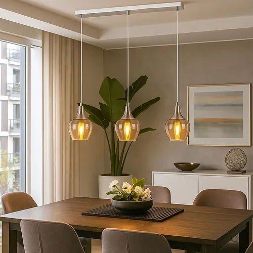 Hängeleuchte 3-Flammig - Retro Pendelleuchte mit Glas-Schirmen - Lampen, elegante 3-Flammige Hängeleuchte mit transparenten Glasschirmen, perfekt für Esstische und moderne Wohnräume. Individuelle Lichtgestaltung durch E14-Fassungen.