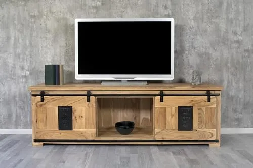 SAM Lowboard Libro I, Akazienholz massiv + naturfarben, TV-Board/Fernsehkommode mit 2 Holzschiebetüren, 1 Schublade & 4 offenen Fächern, Türelemente & Reling aus Eisen, 180 x 50 x 55 cm
