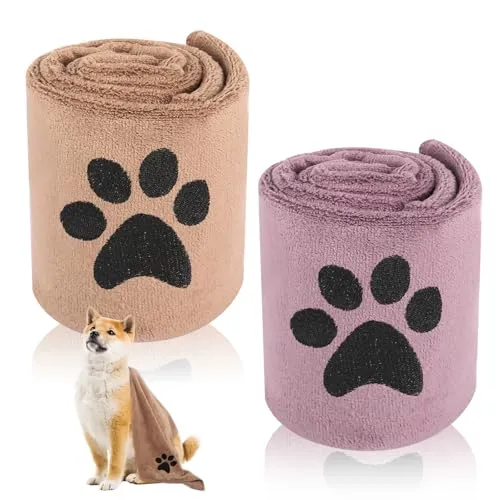 GFUEIGJ 2 Stück Haustier Badetuch Hundehandtuch Extra Saugfähig 75x35 cm Hunde Handtuch Handtücher Schnelltrocknend Haustier für Katzen, Hunde Oder Andere Haustiere(Lila und Braun)
