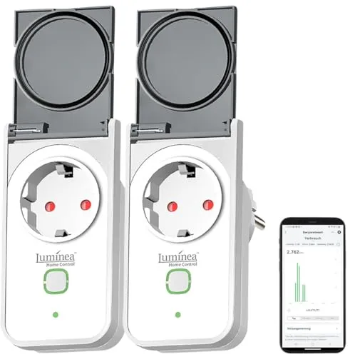 Luminea Home Control Smart-Steckdose Alexa: 2er Outdoor-WLAN-Steckdose, Energiekostenmesser, App, Matter (Smart-Plug-WLAN, WiFi, Fernbedienung)