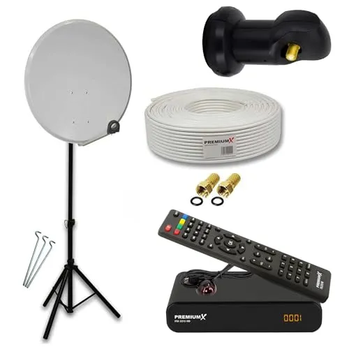 Premium X Camping Komplett Sat Anlage 45cm - SAT-Antennen: Kompakte HDTV Camping Satellitenanlage mit einfachem Aufbau, ideal für unterwegs, inklusive Dreibein-Stativ und Satreceiver.