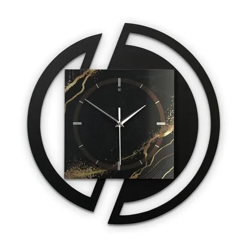 Kreative Feder Runde 3D Designer-Wanduhr Black & Gold Waves in modernem Metallic-Look Silber-schwarz ohne Tickgeräusche (Black & Gold Waves, leises Funkuhrwerk)