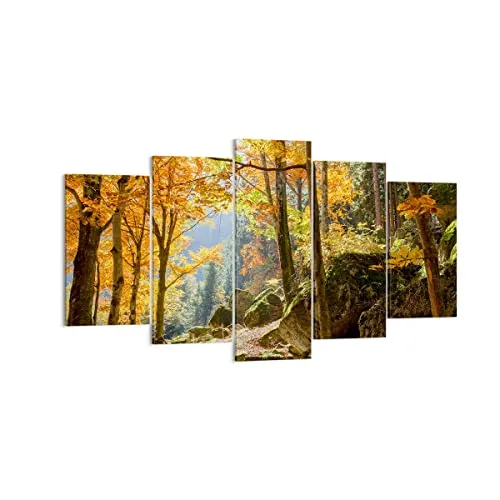 Wandbilder Dekoration Wohnzimmer Herbst berg wald natur Mehrteilige Bilder auf Leinwand 160x85cm Leinwandbild Schlafzimmer Set 5 teilige Wand Kunstdruck Art Groß XXL Wanddeko Bild Canvas EA160x85-2713