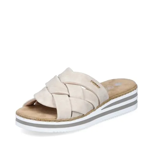 Rieker Damen Pantoletten V0208 - Bequeme Sommerschuhe - Pantoletten für Damen mit schickem Keilabsatz von 4,1 cm, aus Kunstleder und ideal für warme Tage.