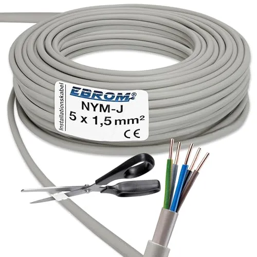 EBROM NYM-J 5x1,5 mm² - Flexibles Installationskabel - Elektrische Leitungen - Hochwertiges NYM-J 5x1,5 mm² Feuchtraumkabel, erhältlich in Längen von 5 bis 180 Metern, ideal für vielseitige Installationen in trockenen und feuchten Räumen.