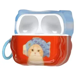 kwmobile In-Ear Kopfhörer Case für Apple Airpods Pro 2 / Pro 1 Hülle mit Karabiner - Headphones Case - Earphones Cover Etui - Katze mit Fischhut - Rot