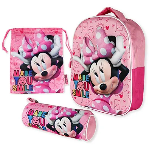 Kindergartenrucksack Mädchen 3D, Turnbeutel und Stiftebox - Minnie Mouse | Schulrucksack Mädchen und Jungen, Rucksack Kinder, Rucksack kindergarten Set, Kinderrucksack Kita Kleinkind Schulanfang