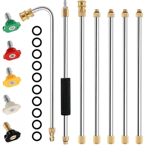 aleawol Hochdruckreiniger Verlängerungsstab mit 5 Düsenspitzen - Praktisches Hochdruckreiniger-Zubehör mit 7 Teilen, einstellbare Länge bis 8 Fuß, ideal für effektive Reinigung von schwer erreichbaren Bereichen, inklusive 5 Düsen für verschiedene Sprühwinkel.