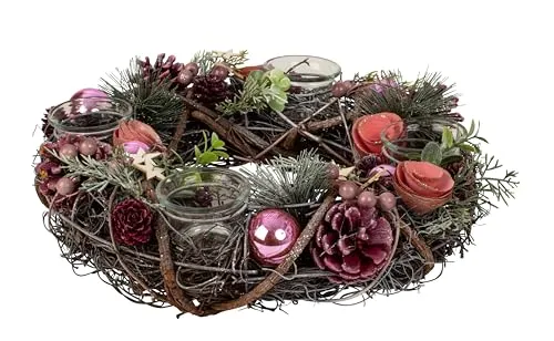 Weihnachtlicher Adventskranz aus Mehreren Materialien rund mit rosa/grün/brauner Dekoration für Teelichter Durchmesser 34 cm