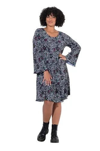 Angel of Style Damen große Größen Übergrößen Plus Size Plisseekleid, A-Linie, Allovermuster, Trompetenärmel schwarz 48 844457100-48