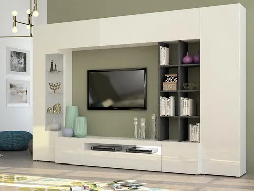 möbelando Wohnwand Egypt I - Moderne Anbauwand in Weiß-Hochglanz - Elegante Wohnwand in Weiß-Hochglanz mit Vitrine, TV-Lowboard und Hängeschrank. Perfekt für stilvolle Wohnzimmer, bietet viel Stauraum und optionaler Beleuchtung.