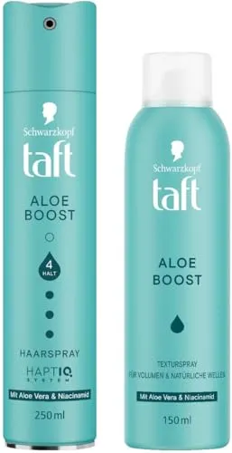 TAFT Haarspray (250 ml) & Texturspray (150 ml) Aloe Boost, alle Haartypen, für Volumen & natürliche Wellen, Volumenspray mit Aloe Vera & Niacinamid sorgt für mühelose Undone Looks