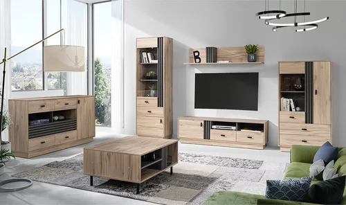 Lomadox Wohnzimmer-Set ANTIGUA-133, 6-teilig in Eiche mit anthrazitfarbenen Details - Modernes 6-teiliges Wohnzimmer-Set bestehend aus Vitrinen, Sideboard & Couchtisch in Eiche Nb. Viel Stauraum und durchdachte Details sorgen für Ordnung und Stil in Deinem Wohnbereich.