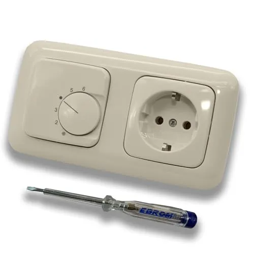 Halmburger UP Raumthermostat Raumtemperaturregler RTR-76cg in Busch Jäger DURO2000 cremeweiß Rahmen 2512-212 + Steckdose 20EUC-212 inkl. EBROM Phasenprüfer zur Montage der Geräte RTR-76 (cg)