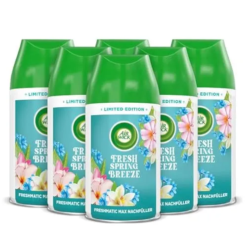 Air Wick Freshmatic Max Nachfüller – Spring Breeze – 6 x 250 ml - AUTOMATISCHER LUFTERFRISCHER: Der Nachfüller für Air Wick Freshmatic Max sorgt für frischen Duft mit einstellbarer Intensität und hält bis zu 70 Tage. Einfacher Wechsel dank Twist und Lock Technologie.