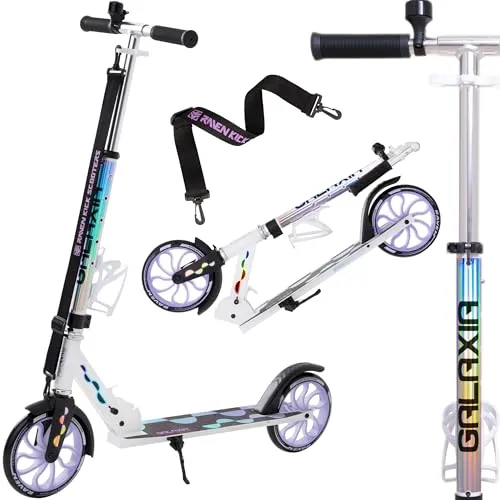 RAVEN Scooter Roller Tretroller Kickscooter für Kinder Erwachsene |klappbar | höhenverstellbar | Tragegurt | Klingel | Flaschenhalter (Galaxia Holo ohne Handbremse, 200mm)