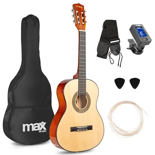 MAX SoloArt - Gitarre 3/4 Kindergitarre ab 6 jahre, Junior Akustik Gitarre inkl. Tasche, Plektrum, Gurt und Saiten-Zubehör, 3/4 Guitar Kinder ab 6 Jahren, Guitar in Natur Holz
