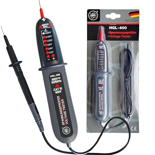 HGL-400 Spannungsprüfer zweipolig 12V bis 400V AC/DC mit LED Anzeige, Phasenprüfer, IP54 Spritzwassergeschützt, keine Batterien benötigt, Spannungsmesser 2-polig, Steckdosen Messgerät
