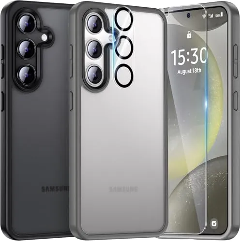 UniqueMe für Samsung Galaxy S24 Hülle, 5-in-1-Set Handyhülle für Samsung Galaxy S24 Case Rundumschutz Schutzhülle Cover,1 Handyhülle & 2 Schutzfolie & 2 Kameraschutz - Matt Grau