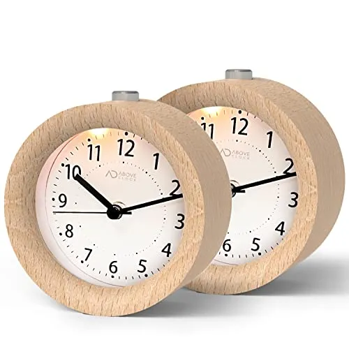 aboveClock Wecker Analog Ohne Ticken 2 Stück, Wecker Holz mit Snooze, Nachttisch Tischuhr mit Nachtlicht, Batteriebetrieben （1*AA-Batterie benötig