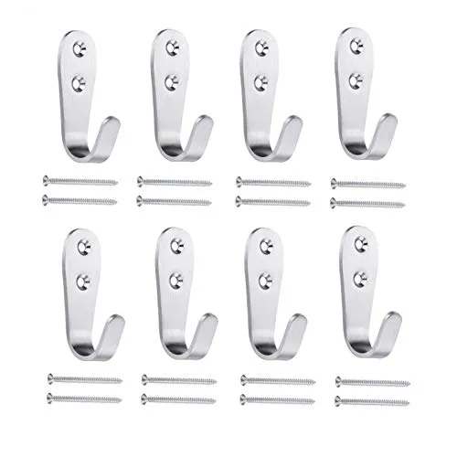 Mokife 8 Stück Wandhaken Edelstahl Matt, Silber Kleiderhaken Metall Gebürstet Garderobenhaken Wandmontiert 3mm Dick Stark Allzweckhaken mit Schrauben