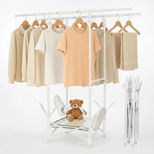 Todeco Wäscheständer ohne Montage, Turmwäscheständer ausziehbar mit Schuhregal, Höhenverstellbarer Standtrockner platzsparend für Balkon Wohnzimmer Wäscheraum, (84-144) x(87-154) x55cm