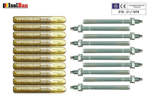 Set 10x Verbundankerpatrone M12 + Ankerstange M12 x160mm Verz. ETA Mörtelpatrone