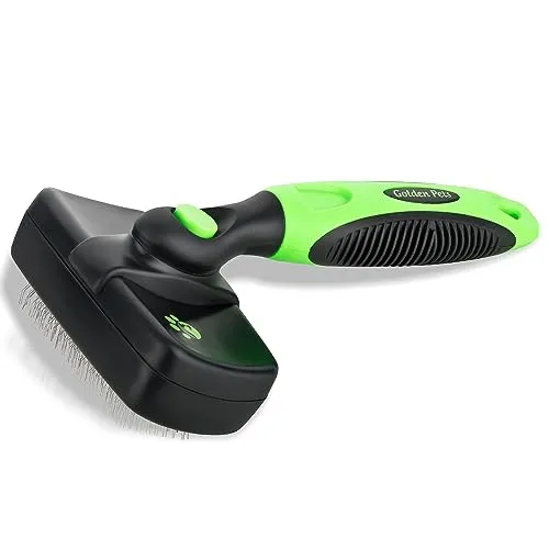 Golden Pets Selbstreinigende Hundebürste & Katzenbürste I Verbesserte Version I Kurz bis Langhaar geeignet I Kleine - große Tiere I Schnelle Reinigung I + Pflegehandbuch