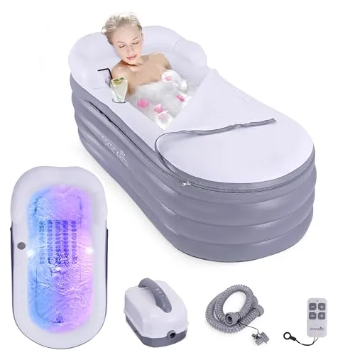 SereneLife Aufblasbare Badewanne Erwachsene – 168×76 cm, Faltbar, Grau – Mit Bubble Sprudelmatte und LED-Licht, Inkl. Kissen, Becherhalter und Fernbedienung, Indoor Spa Erlebnis