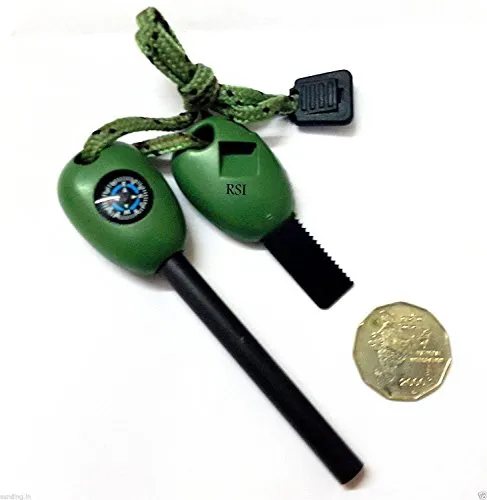 Survival-Set: Feuerstein, Pfeife, Säge, Kompass