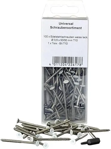 Produktbild KGM Torx-Schrauben – weißer Kopf, rostfreier Edelstahl – 100 Schrauben, 1x Torx Bit