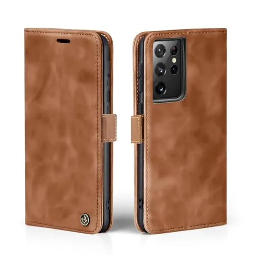 LBH Handyhülle für Samsung Galaxy S21 Ultra 5G in Hellbraun mit Karten- und Geldfach Smartphone Hülle mit Standfunktion Flip Case Schutzhülle Magnetverschluss Vintage