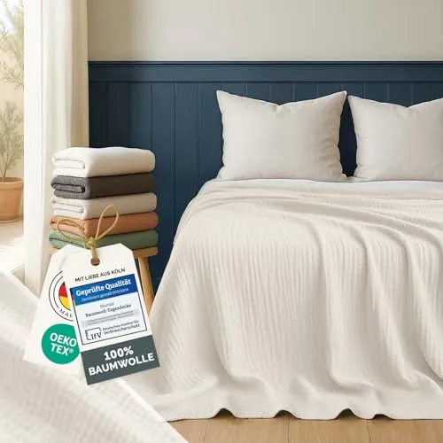 Blumtal Tagesdecke Baumwolle 150x200 cm - Musselin Decke Oeko-TEX zert. - Bettüberwurf 150x200 - Couch Überwurf - leichte Kuscheldecke Baumwolle 100% - Couchdecke Überwurf - Throw Blanket Ivory