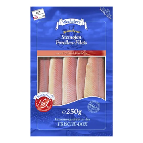Wechsler Geräucherte Forellenfilets - 250 g Packung - Fisch- & Meeresfrüchtekonserven, zart geräucherte Forellenfilets aus Deutschland, ideal für feine Vorspeisen oder Snacks.