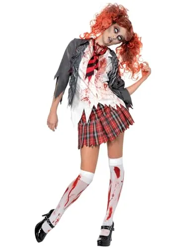 Smiffys Zombiekostüm High School Horror Schulmädchen - Kostüm-Outfits für Erwachsene, Grau mit Jacke, integriertem Hemd und Rock, ideal für Halloween und Halloween-Partys.